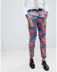 ASOS Edition Skinny Suit Trousers In Blue Floral Print With Tiger Patches