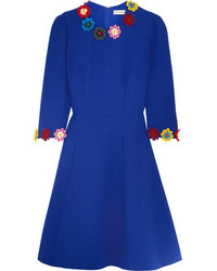 Mary Katrantzou Cooper Floral Appliqud Wool Crepe Dress Bright Blue