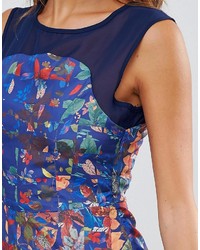 Lavand Floral Dress With Belt And Mesh Yoke