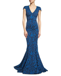 Zac Posen Cap Sleeve Floral Print Gown Royal Blue