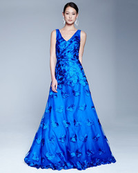 David Meister Sleeveless Floral Appliqu A Line Gown Blue