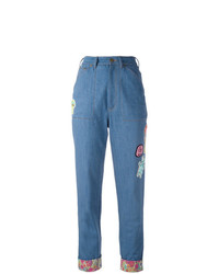 Olympia Le-Tan Floral Turn Up Beaded Jeans