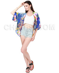 Choies Blue Floral Chiffon Kimono Coat