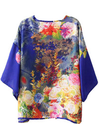 Choies Blue Floral Chiffon Kimono Coat