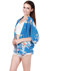 Choies Blue Floral Sunscreen Kimono Coat