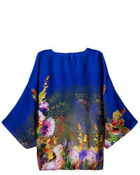 Romwe Floral Print Cropped Blue Kimono Coat