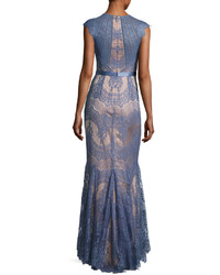 Catherine Deane Cap Sleeve Scalloped Floral Lace Evening Gown