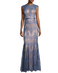 Catherine Deane Cap Sleeve Scalloped Floral Lace Evening Gown