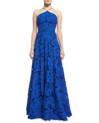 Badgley Mischka Floral Lace Sleeveless Halter Gown Royal Blue