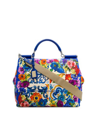 Blue Floral Leather Tote Bag