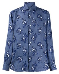 Blue Floral Linen Long Sleeve Shirt
