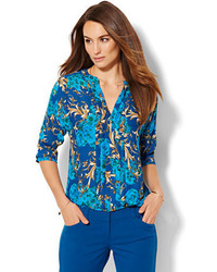 Pleated V Neck Blouse Print Petite