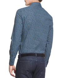 Ermenegildo Zegna Floral Print Long Sleeve Sport Shirt Blue Pattern