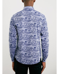 Topman Indigo Floral Print Long Sleeve Smart Shirt