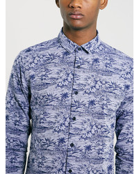Topman Indigo Floral Print Long Sleeve Smart Shirt