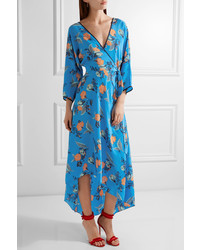 Diane von Furstenberg Asymmetric Wrap Effect Floral Print Maxi Dress Blue