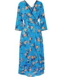 Diane von Furstenberg Asymmetric Wrap Effect Floral Print Maxi Dress Blue