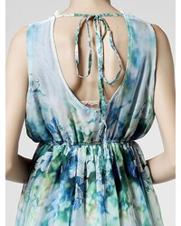 Choies Blue Floral Print Maxi Vacation Dress With Flounced Hem
