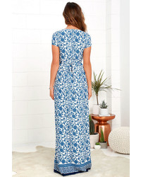 LuLu*s French Doors Ivory And Blue Floral Print Wrap Maxi Dress