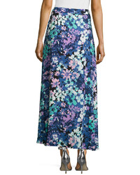 Neiman Marcus Floral Print Front Slit Maxi Skirt Bluecombo