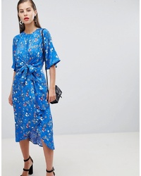 Y.a.s Floral Tie Front Midi Dress With Kimono Sleeve