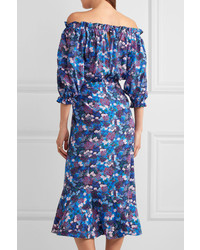 Saloni Grace Off The Shoulder Floral Print Silk Crepe Dress Blue