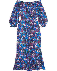 Saloni Grace Off The Shoulder Floral Print Silk Crepe Dress Blue