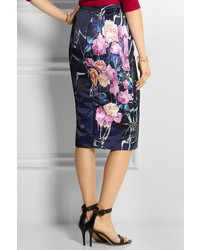 MSGM Floral Print Satin Pencil Skirt