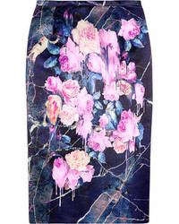 MSGM Floral Print Satin Pencil Skirt