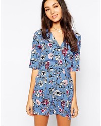 Influence Long Sleeve Wrap Front Romper In Floral Print