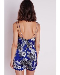 Missguided Floral Double Strap Romper Blue