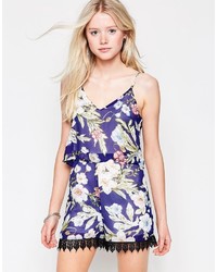 Daisy Street Romper In Tropical Floral Print With Crochet Hem