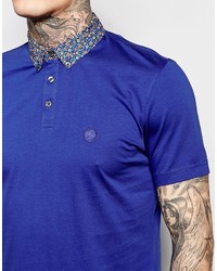 Pretty Green Polo Shirt With Floral Collar In Slim Fit Navy
