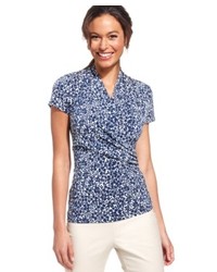 Charter Club Short Sleeve Floral Print Faux Wrap Top
