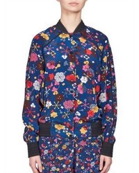 Blue Floral Silk Bomber Jacket