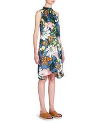 Marni Ruched Neck Floral Print Silk Dress
