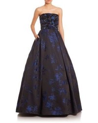Oscar de la Renta Floral Embellished Strapless Silk Gown