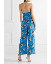 Diane von Furstenberg Floral Print Silk Halterneck Jumpsuit Azure
