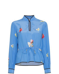 Blue Floral Silk Long Sleeve Blouse