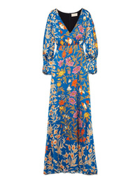 Blue Floral Silk Maxi Dress