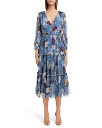 Blue Floral Silk Midi Dress