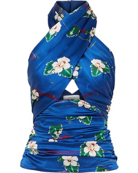 Blue Floral Silk Sleeveless Top