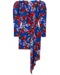 Blue Floral Silk Wrap Dress