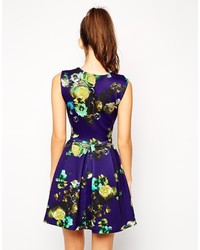 Asos Collection Skater Dress In Blue Floral With Pleat Detail