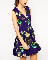 Asos Collection Skater Dress In Blue Floral With Pleat Detail