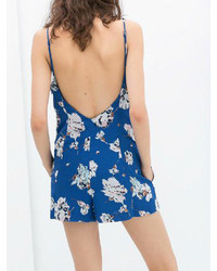 Choies Blue Floral Backless Spaghetti Strap Romper Playsuit