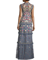 Needle & Thread Floral Embroidered Jet Sleeveless Tulle Evening Gown