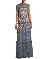 Needle & Thread Floral Embroidered Jet Sleeveless Tulle Evening Gown