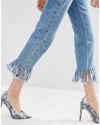 Asos Authentic Straight Leg Jeans In Oxford Wash With Fringed Hem