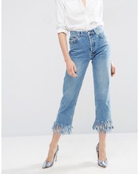 Asos Authentic Straight Leg Jeans In Oxford Wash With Fringed Hem